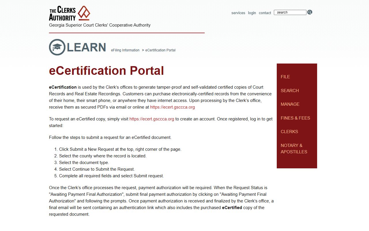 Talbot County Clerk of Superior Court GSCCCA eCertification portal