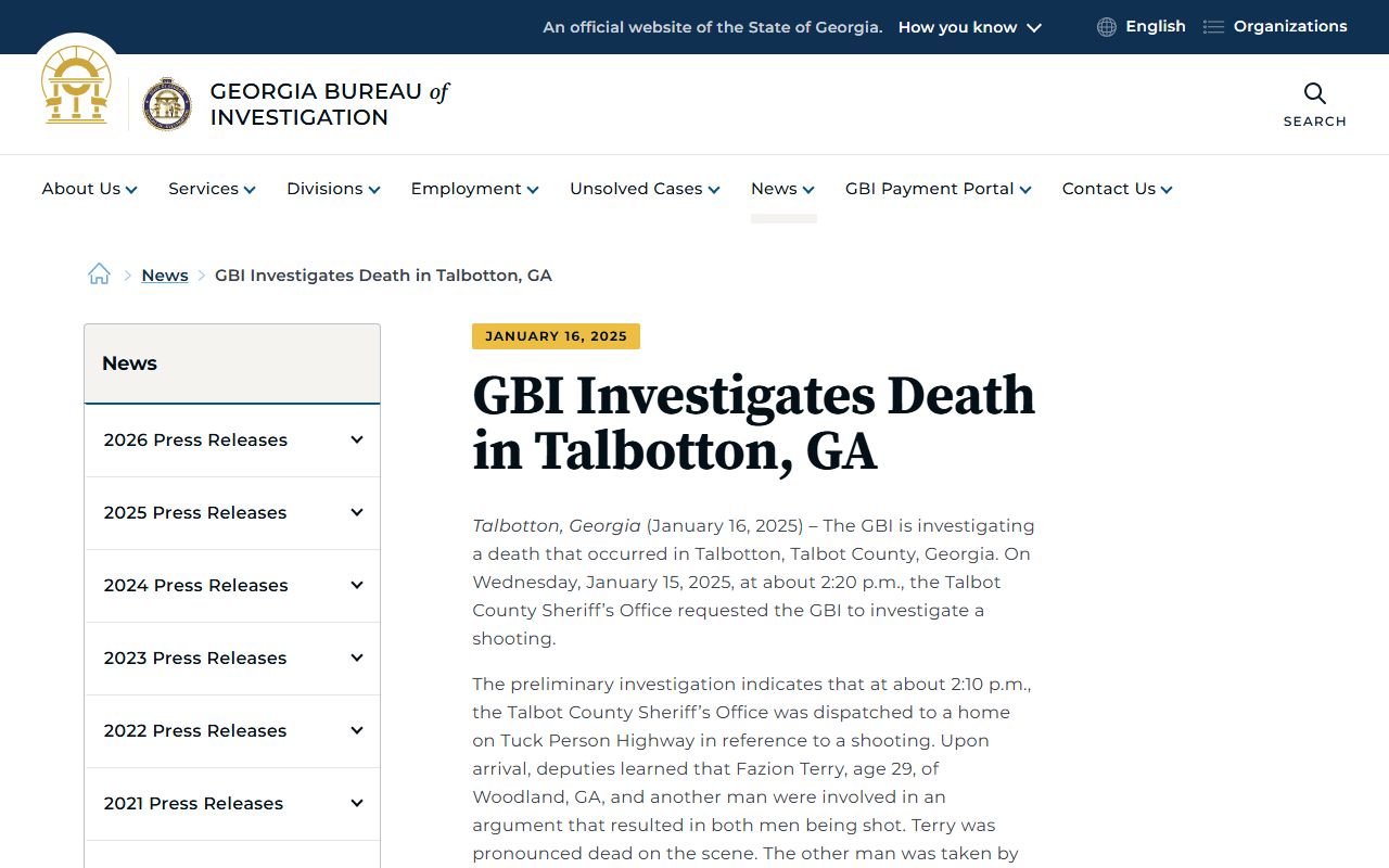 Talbot County arrest records GBI death investigation release