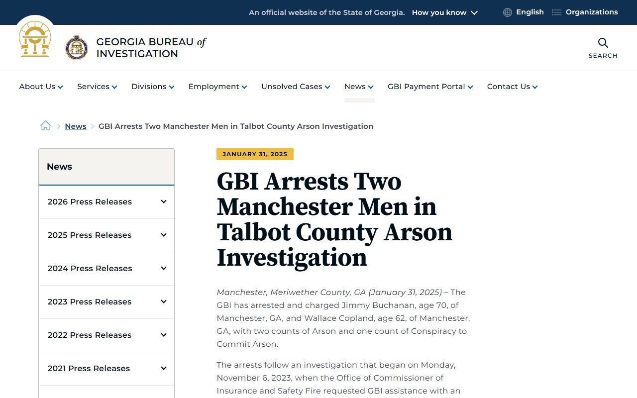 Talbot County arrest records GBI arson arrest release
