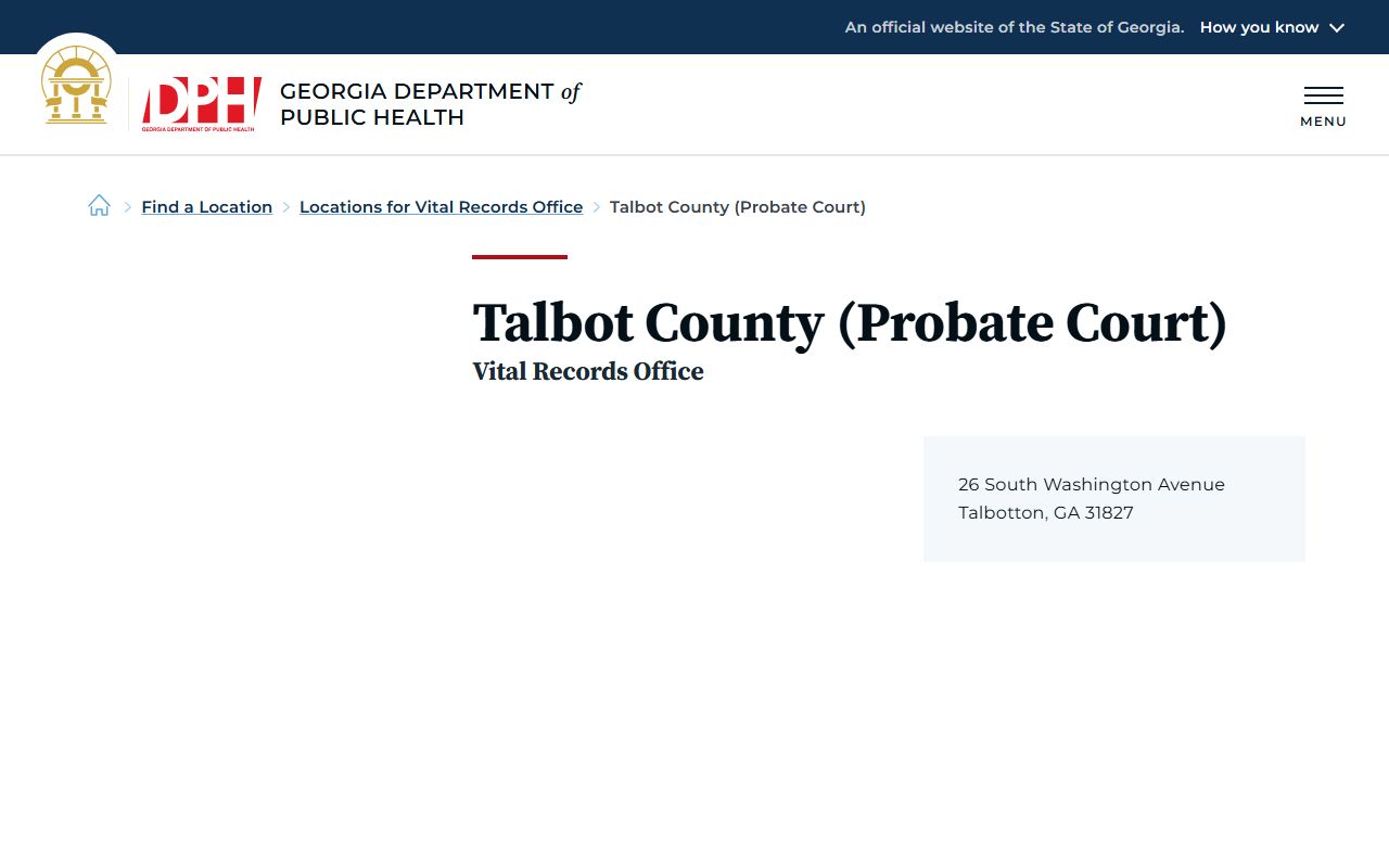 Talbot County probate records Georgia DPH Probate Court location