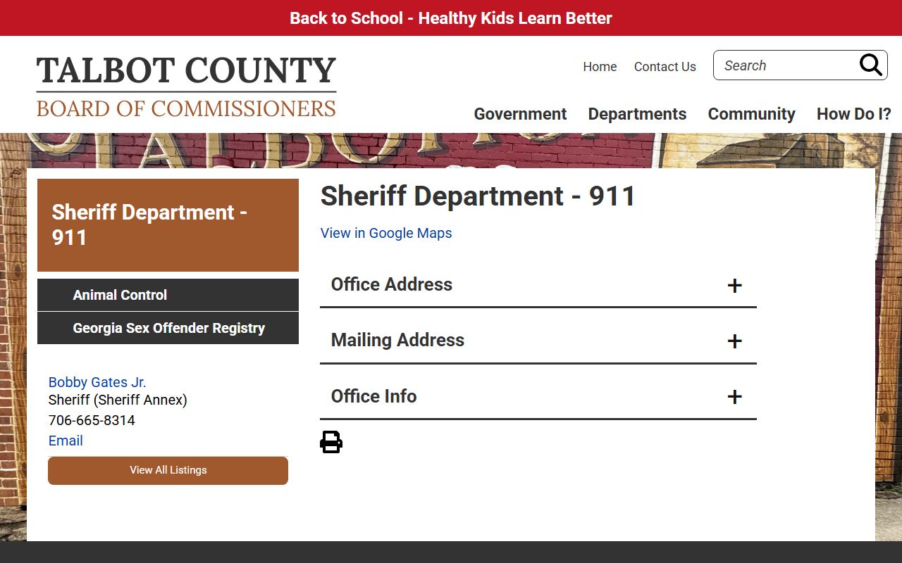 Talbot County warrant records sheriff department contact page